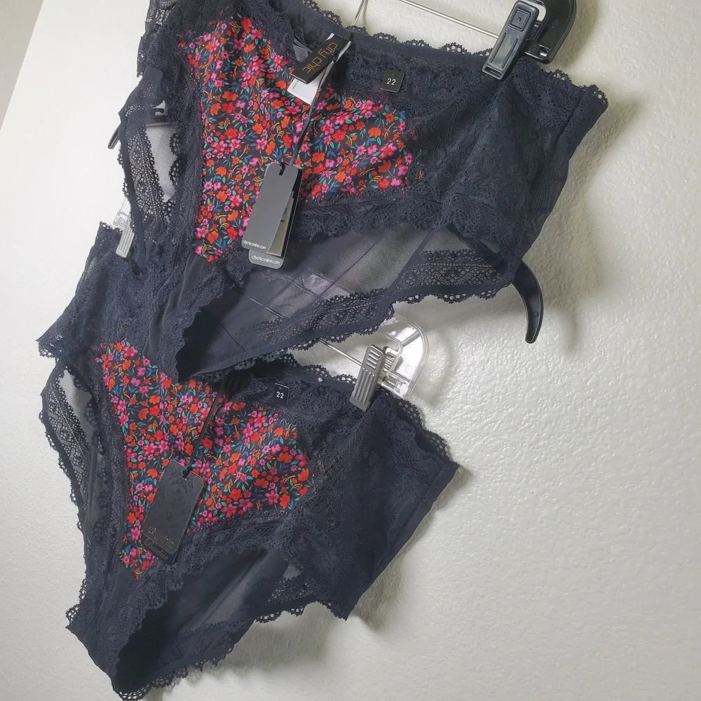 City Chic NWT Black‎ Floral Mesh & Lace Panties Folk Dance Shorty Plus Size 22